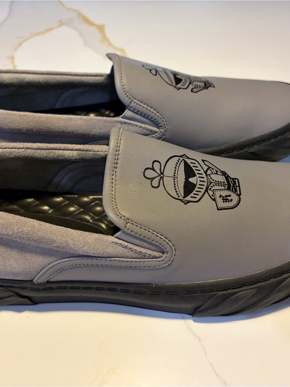 Karl Lagerfeld Gray Slip-On Loafers with Graphic Knight Illustration